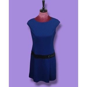 Maggy London Cap Sleeve Womens Size 10 Blue Midi Dress Built-In Black Belt NEW